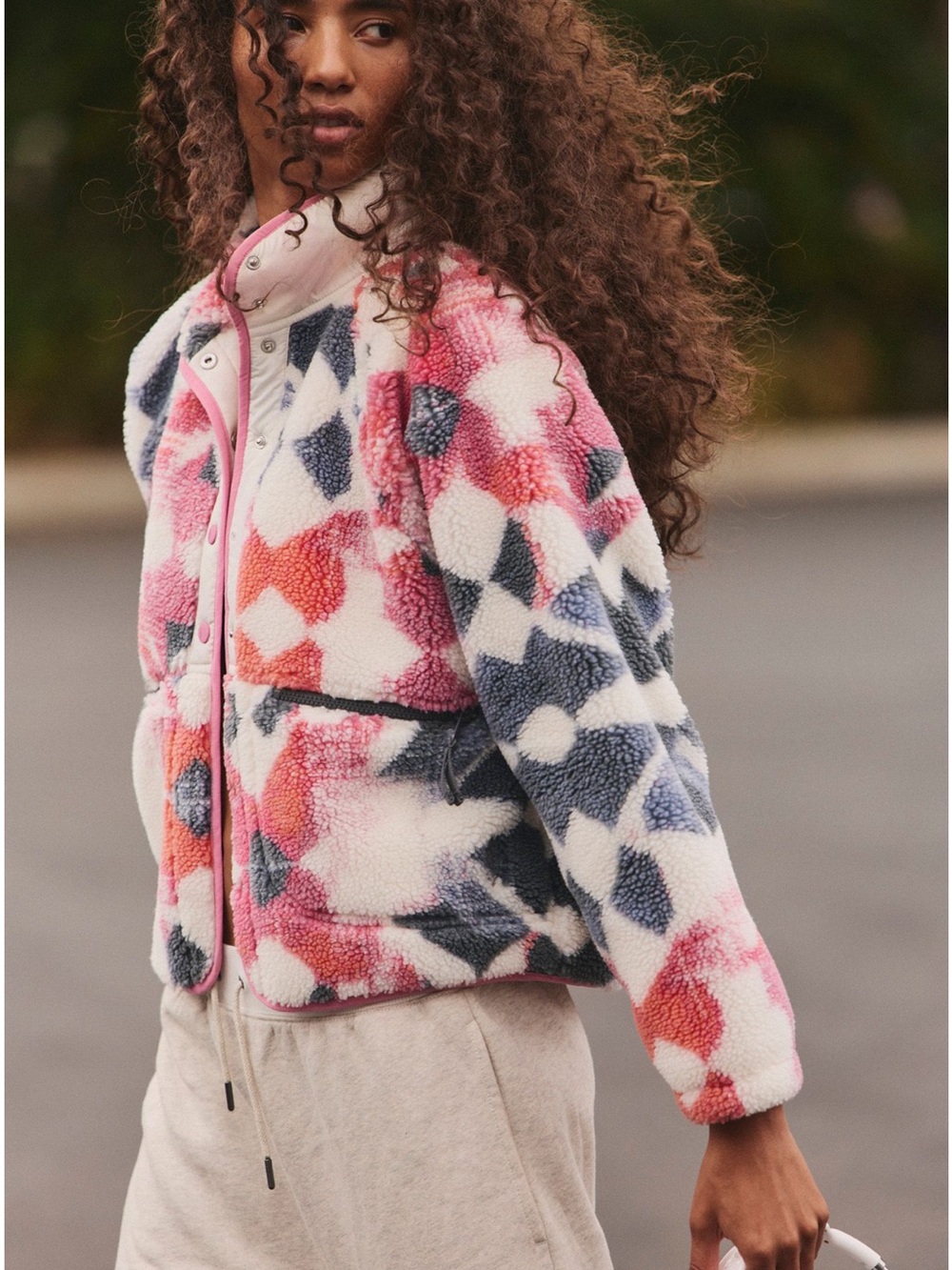 FP Movement Fleece Jacket Snap Front Cropped Slouchy Sherpa Pink Blue XS NWT - Picture 3 of 11